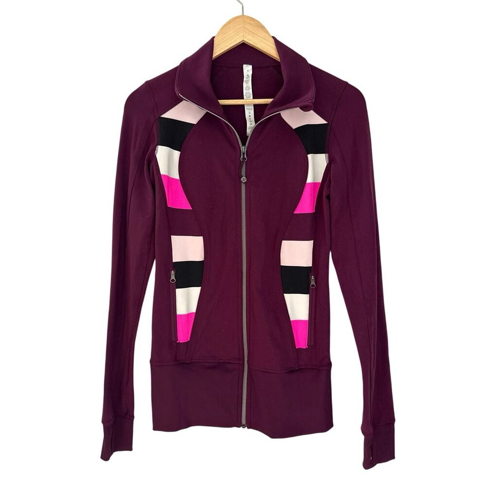 lululemon athletica Plum Zip-Up Bomber Jacket with Pink & Black Stripes